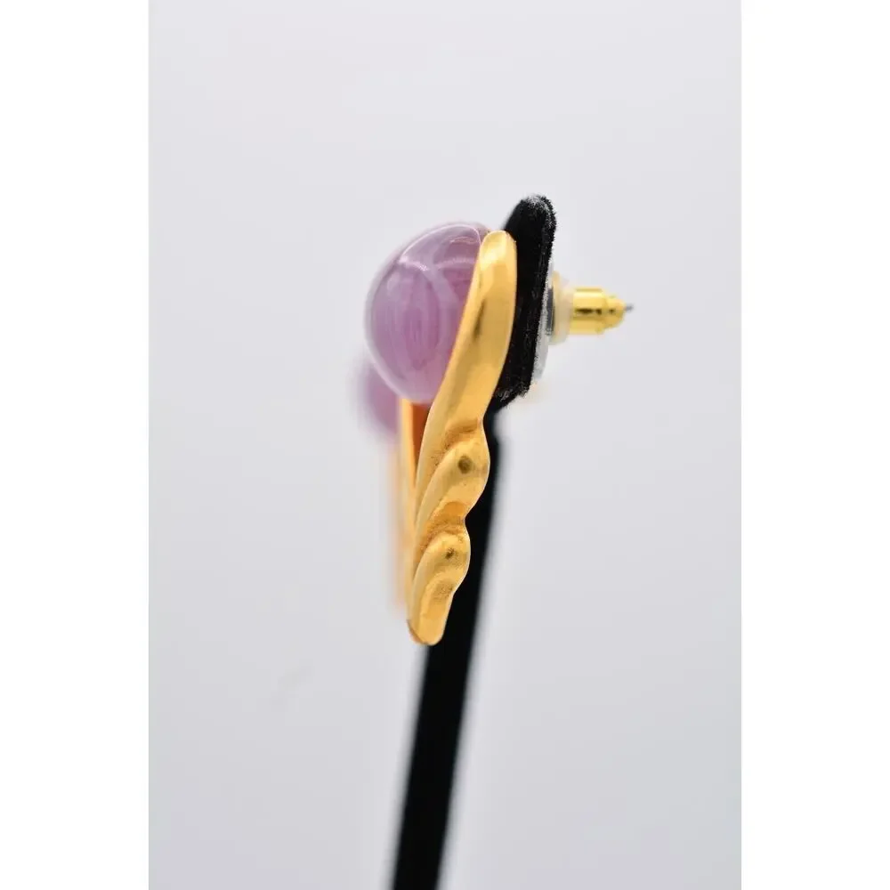 Vintage Cabochon Earrings Purple Marbled Lucite Brushed Gold Dangle Drop 90s 9L